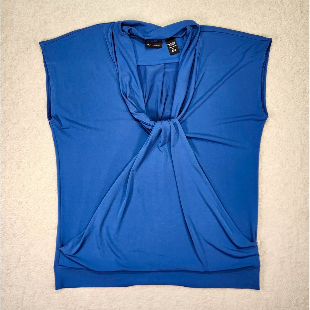 New York & Company Women's XL Sleeveless Blouse Blue Knit Stretch Twist Front